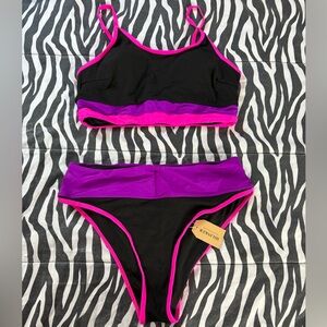 Black Bikini Set with Hot Pink & Purple Trim size Large NWT